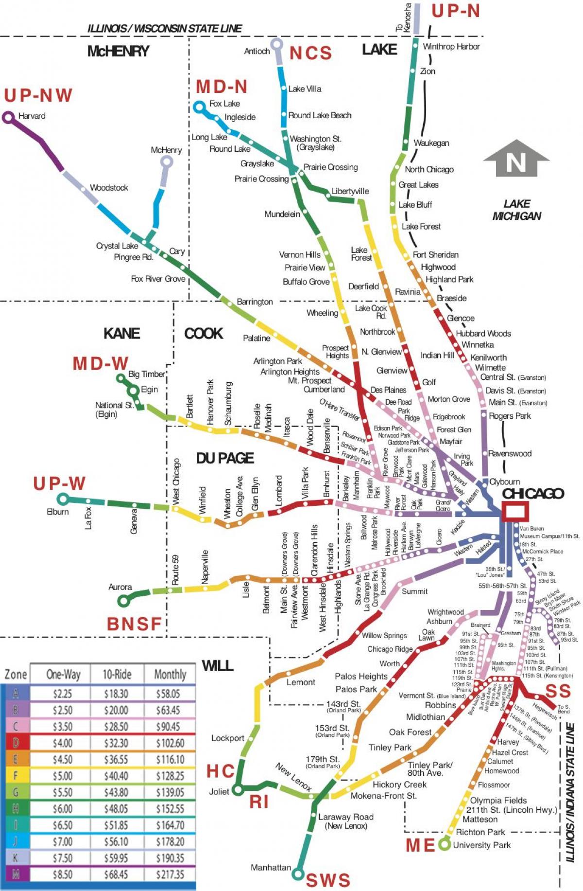 شکاگو کے علاقے میں ٹرین کا نقشہ